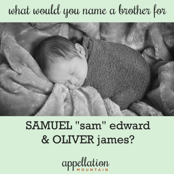 sleeping baby swaddled in dark blanket on velvet blanket; finding traditional boy names like Sam and Oliver