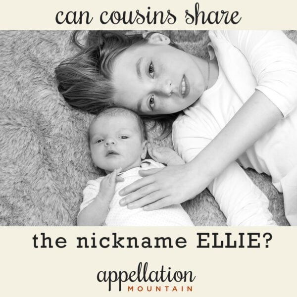 older girl with newborn both wearing white tops lying on carpet; cousins sharing a nickname