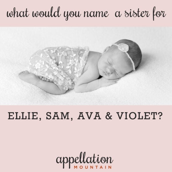 sleeping baby girl wearing floral headband and lacy blanket; naming a fourth daughter to go with Ellie, Sam, Ava, and Violet