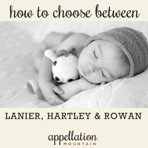 sleeping baby wearing knit hat and holding knit toy; unisex family names for a singleton