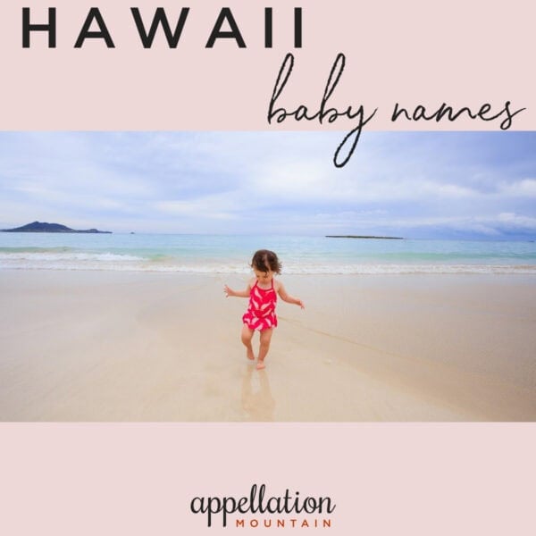toddler girl with dark hair wearing bright pink swimsuit on beach; Hawaii baby names