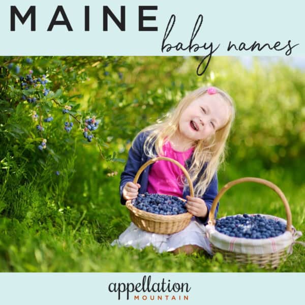 young girl with long blonde hair sitting outdoors with baskets of blueberries; Maine baby names