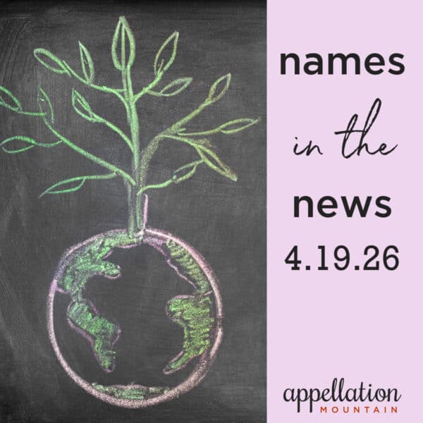 chalkboard drawing of tree growing out of planet earth; names in the news 4.19.26