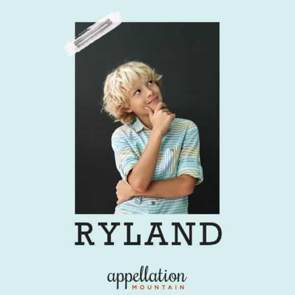 boy with blonde hair wearing blue collared shirt with chin on hand looking up at sky; baby name Ryland