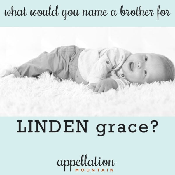 baby lying on side on shaggy blanket wearing tee shirt and pants; name a brother for Linden Grace