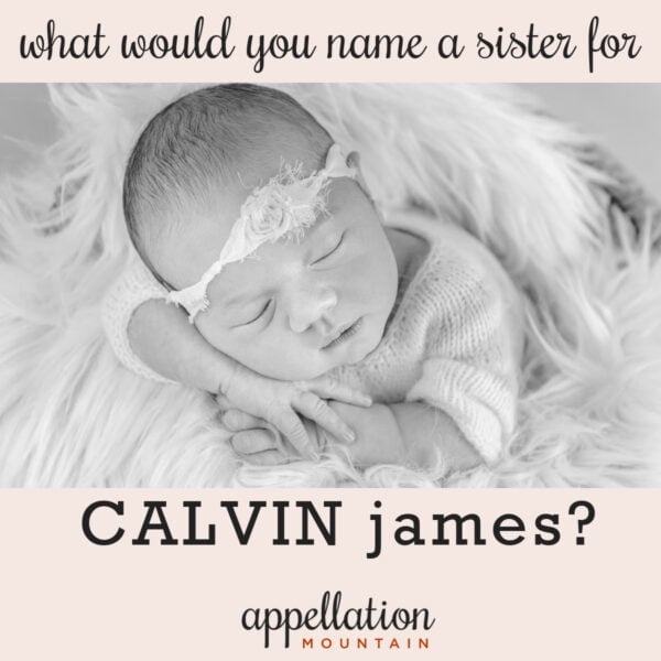 baby girl asleep propped up on arm, wearing headband on shaggy rug; naming a sister for Calvin James