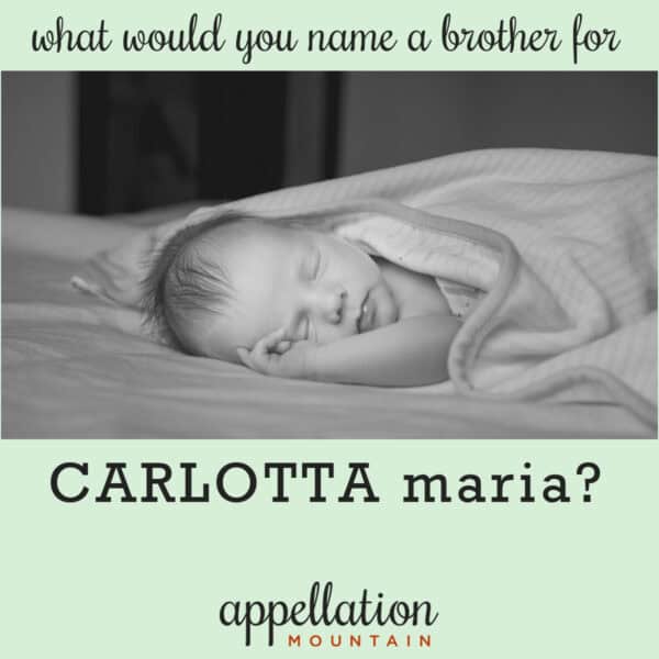 sleeping dark-haired baby on his side under a blanket; names like Carlotta