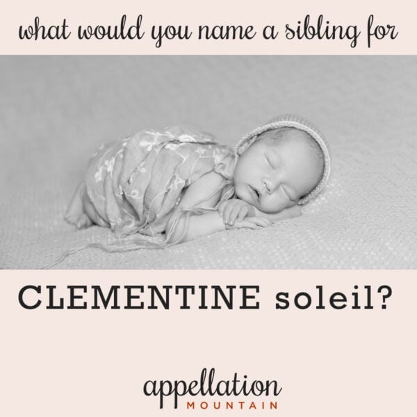 newborn sleeping on side wrapped in blanket and wearing cap; names like Clementine