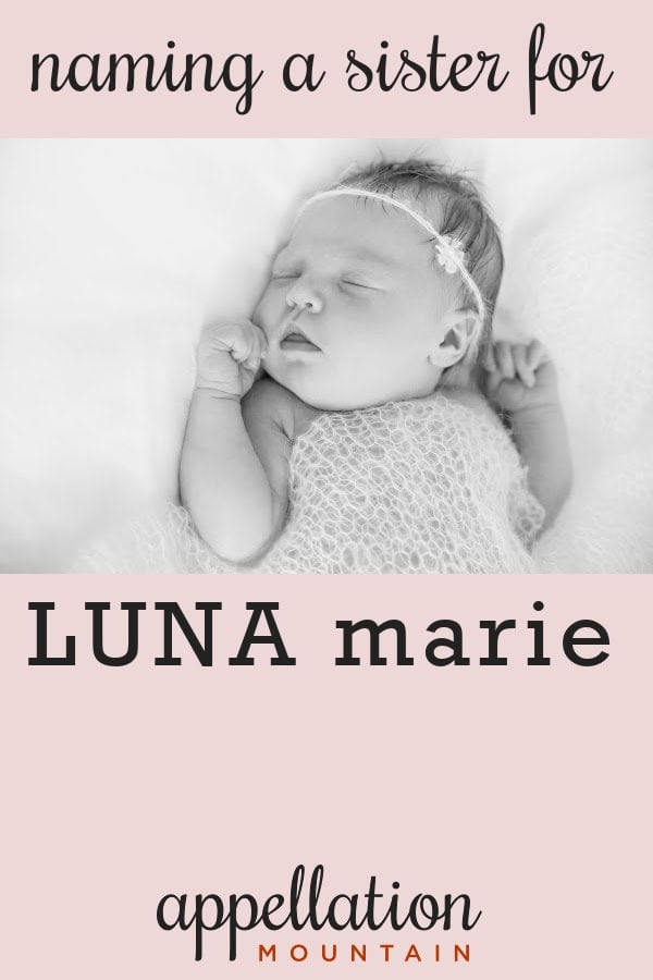 sleeping baby girl with headband and knit blanket; names like Luna Marie