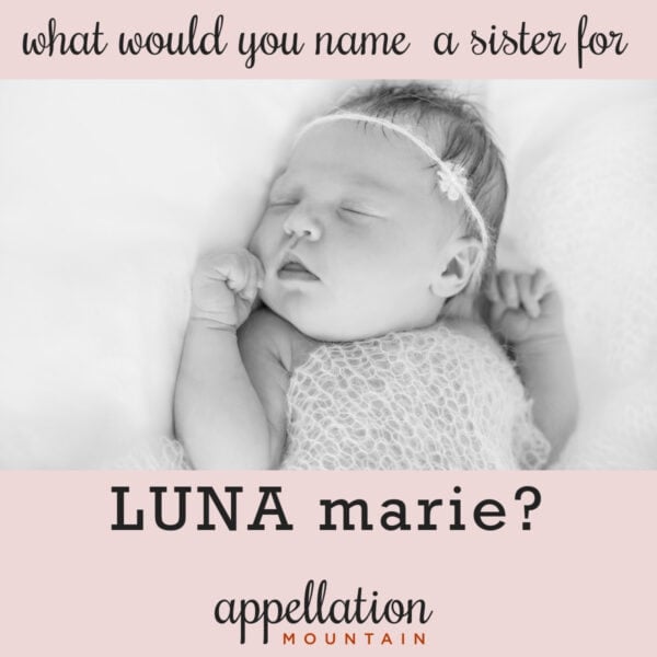 sleeping baby girl with headband and knit blanket; names like Luna Marie