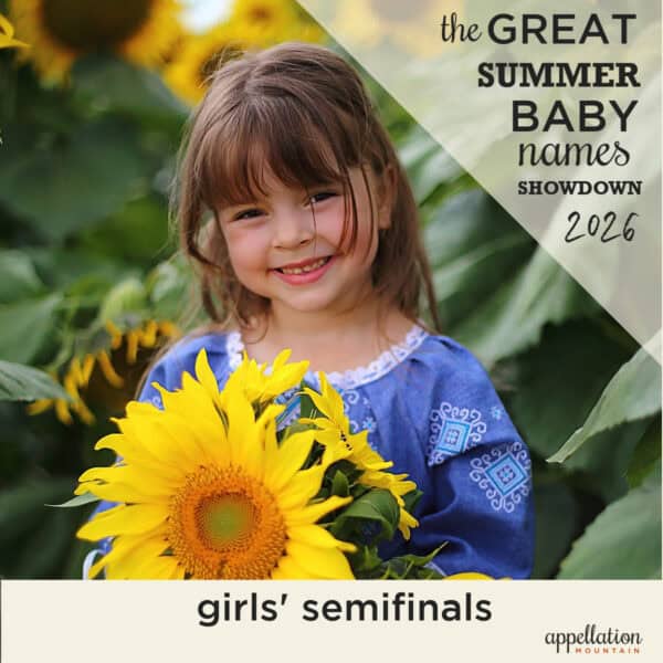 girl wearing blue dress holding sunflower; new names showdown 2026 girls semifinals