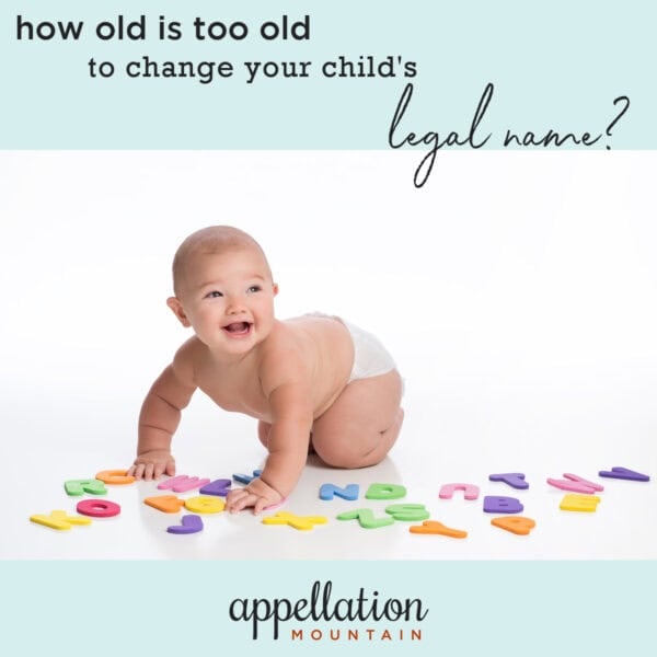baby wearing diaper on hands and knees with colorful alphabet letters on floor; How Old is Too Old to Change Your Child's Name?