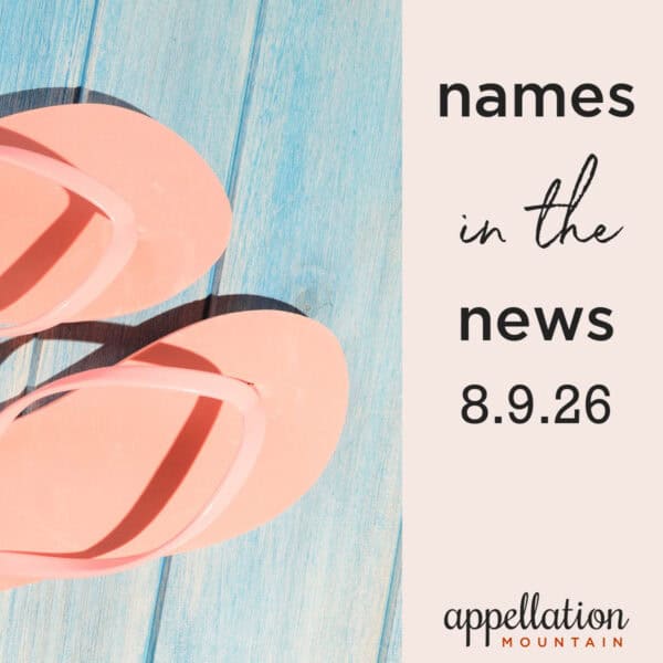 pink flip flops on painted blue wood deck; names in the news 8.9.26