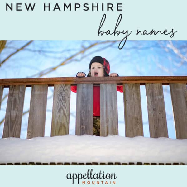 toddler boy wearing red winter coat and hat standing by wooden railing on snowy day; New Hampshire baby names