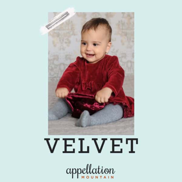 baby girl with brown hair wearing red velvet dress and gray tights; baby name Velvet
